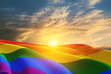 Waving LGBT pride flag on sunset sky with flying birds, rainbow flag background. Multicolored peace flag movement. Original colors symbol.