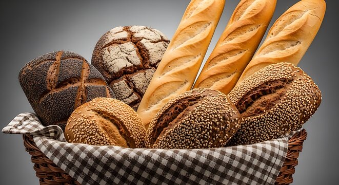 Freshly baked artisan bread assortment in a rustic basket