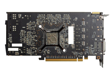 Graphics Card Backside View With PCIe Connector And Heat Sink Mounting isolated on a white background