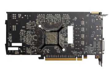 Graphics Card Backside View With PCIe Connector And Heat Sink Mounting isolated on a white background