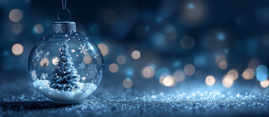 Magical Blue Christmas Banner with Snow Globe, Pine Tree and Bokeh Lights
