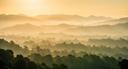 Golden Hour Haze - A Serene Mountain Landscape at Dawn.