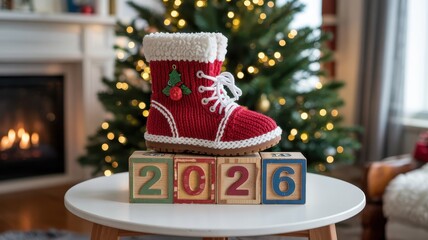 Knitted festive footwear rests upon wooden blocks displaying the forthcoming year inside a cozy home setting