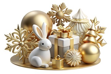 White rabbit gold snowflakes Christmas trees and gifts