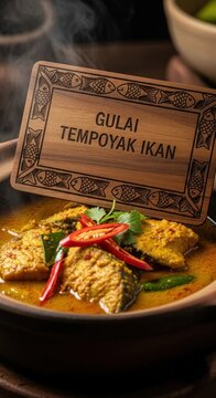 Bold Bruneian Gulai Tempoyak Ikan &ndash; Fermented Durian Fish Curry in Pot with Meranti Wood 'GULAI TEMPOYAK IKAN' Sign, Durian Thorn & Fish Scale Motifs