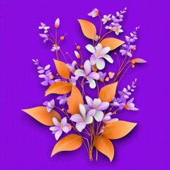 Digital floral arrangement against a purple backdrop. Features stylized flowers and leaves