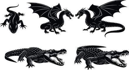 Set of black reptile silhouettes including mythical dragon, crocodile with open mouth and lizard, isolated vector tattoo illustration.