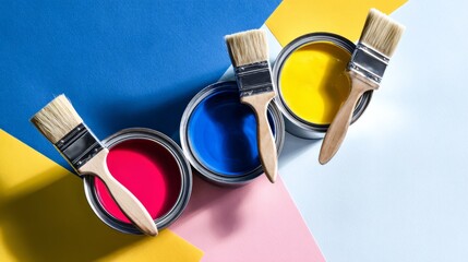 Primary colors paint cans with brushes flat lying composition representing creativity, art and home renovation