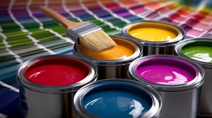 Paint cans with a brush in an orange color, creating and renovating with a vibrant color palette on a swatch chart