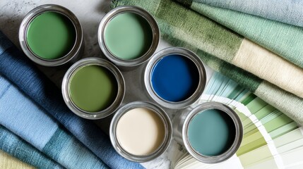 Paint cans and fabric swatches displaying color palette options for interior design and home renovation projects
