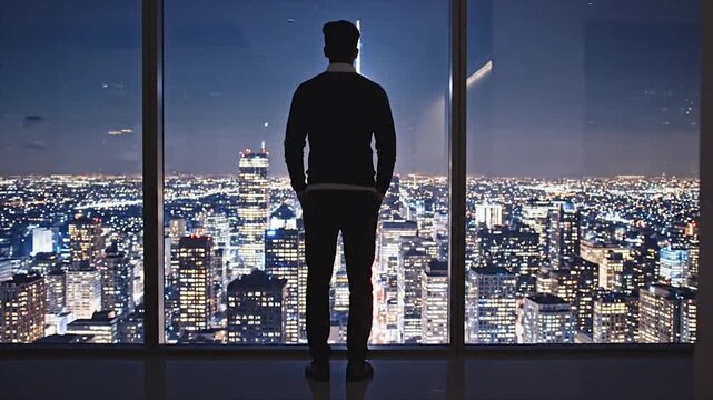 Man Standing in Modern Office Looking Out at Cityscape at Night.