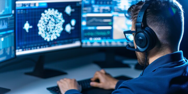 Data analyst working at multiple screens during late-night analysis of complex data sets