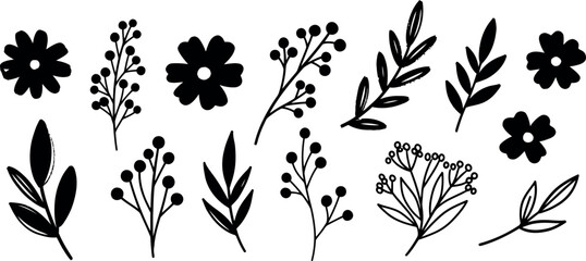 Vector Illustration of Abstract White Botanical Leaves and Floral Elements on Black Background, Minimalist Graphic Design