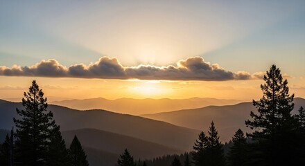 Golden Hour Serenity - A Mountain Vista at Sunset.