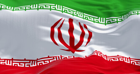 Close-up of the national flag of Iran waving. Detailed 3D render