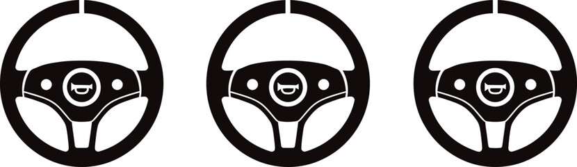 Illustration of three steering wheels in black and white style