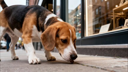 A cute tricolor Beagle dog is actively sniffing the sidewalk pavement close to a storefront window, displaying its strong sense of smell and curiosity on an urban street.