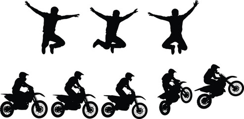 Silhouette set of motocross riders on bikes and happy men jumping, extreme sports vector collection isolated.