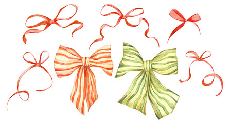 Watercolor hand-drawn Christmas set of elegant striped red and green bows, ribbons isolated on a white background. New year tree decorations collection - fabric, ribbon bow