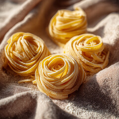 Raw Tagliatelle Pasta Nests on Rustic Linen Cloth with Sunlight and Flour