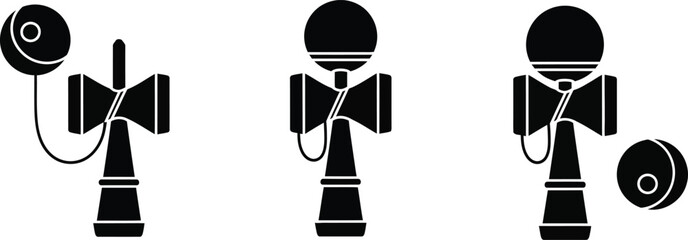 Illustration of three black kendama toys in different positions