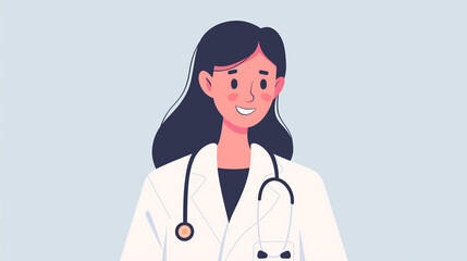 Female doctor, cheerful, in white coat, with stethoscope, on pastel background, copy space