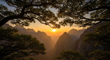 Golden Sunrise Over Huangshan Mountains - A Majestic Landscape Through Verdant Trees.
