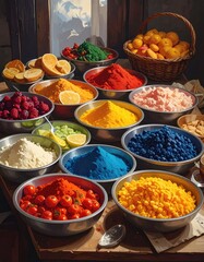 Colorful food powders & fruits arranged beautifully