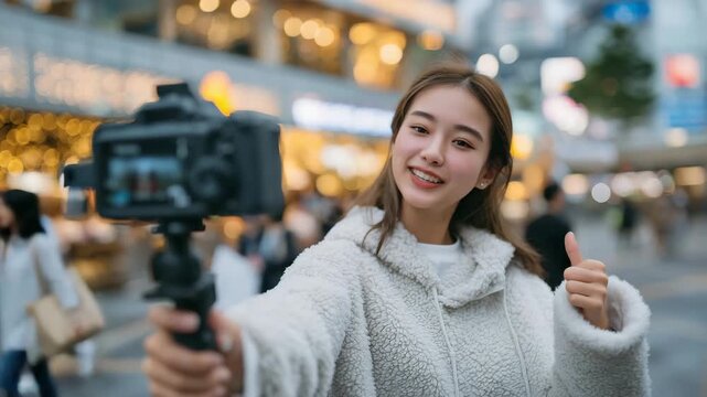 255Teen girl vlogger holding smartphone on selfie stick, recording a city street vlog, colorful urban background blurred, over-the-shoulder view capturing her expression and phone scr