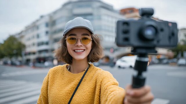 256Teen girl vlogger holding smartphone on selfie stick, recording a city street vlog, colorful urban background blurred, over-the-shoulder view capturing her expression and phone scr