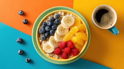 Oatmeal bowl with fresh berries and fruit on colorful background