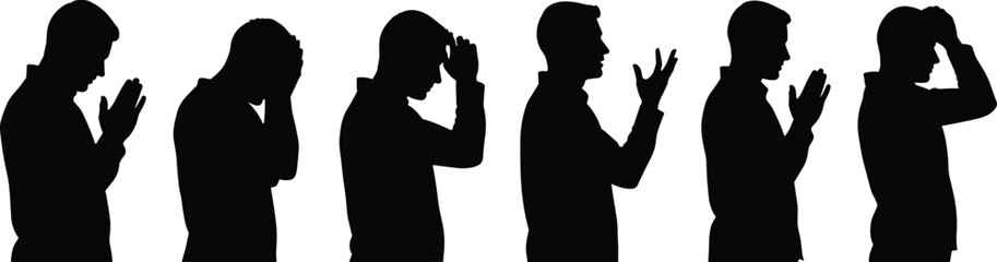 Silhouette set of emotional men, praying, stressed, anxious, despairing and talking, mental health vector illustration collection.