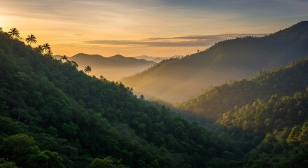 Golden Sunrise Over Lush Mountain Valley - A Serene Landscape.