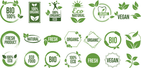 Large Collection of Organic, Natural, Bio, and Vegan Food Label Vector Icons in Green Color, Featuring Leaves, Grunge Brush Strokes, and Fresh Product Stamps for Packaging Design.