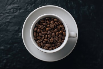 Overhead view of coffee beans in white cup and saucer against black studio setting, minimalist concept for beverage recipe, cafe menu, or lifestyle blog imagery.