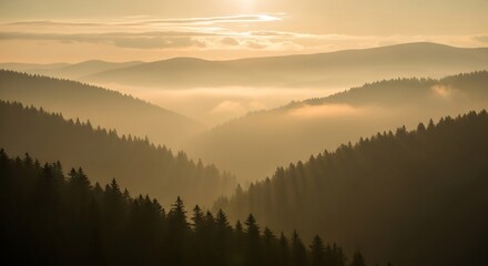 Golden Sunrise Over Misty Mountain Range with Evergreen Forest.
