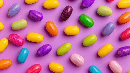 Colorful jelly beans scattered on pink background