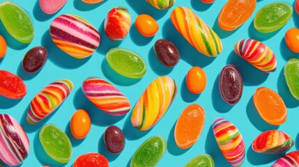 Assorted hard candies on turquoise blue background