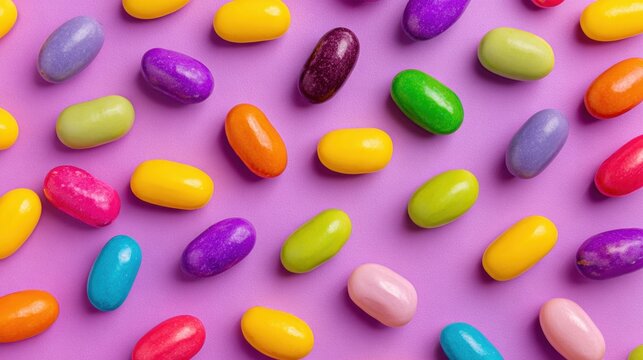 Colorful jelly beans scattered on pink background
