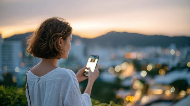 268Teen girl blogger recording content on smartphone, over-the-shoulder angle showing phone screen, emojis, likes, and city skyline in soft focus background, sunlight highlighting hai