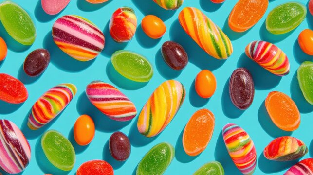 Assorted hard candies on turquoise blue background