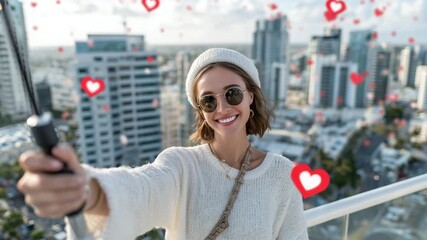 269Urban vlog setup, young female influencer recording video, phone on selfie stick, likes and heart emojis floating, skyscrapers and bustling city scene in daylight - Powered by Adobe