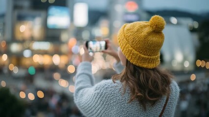 271Teen vlogger filming selfie-style vlog, over-the-shoulder perspective, bright city streets and colorful signage in soft focus, interactive phone screen with viewer reactions
