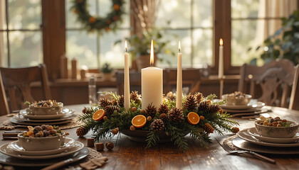 Warm and inviting christmas table setting with a central candle centerpiece adorned with greenery and citrus ready for a festive holiday meal with family and friends