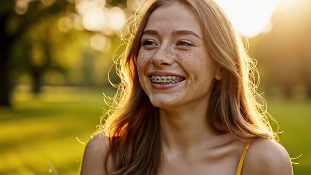 happy teenage girl with braces and freckles smiling in park during sunny summer day. beautiful caucasian woman enjoying golden hour light. youth and natural beauty concept.