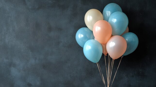 Cluster of blue, peach, and cream balloons against dark textured backdrop