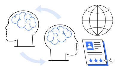 Two profiles with brain icons connected by arrows, a globe symbolizing global dissemination, and a feedback document with a rating. Ideal for learning, collaboration, communication, education