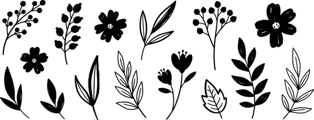 Vector Illustration of Hand-Drawn Botanical Floral Border with Stylized Leaves and Flowers. Organic Nature Decoration.