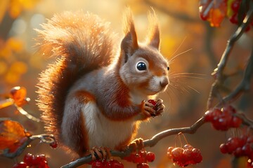 Cute squirrel eating red berries on a branch in warm autumn light