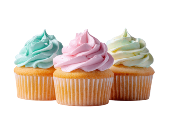 Three pastel-colored cupcakes, each topped with a swirl of frosting